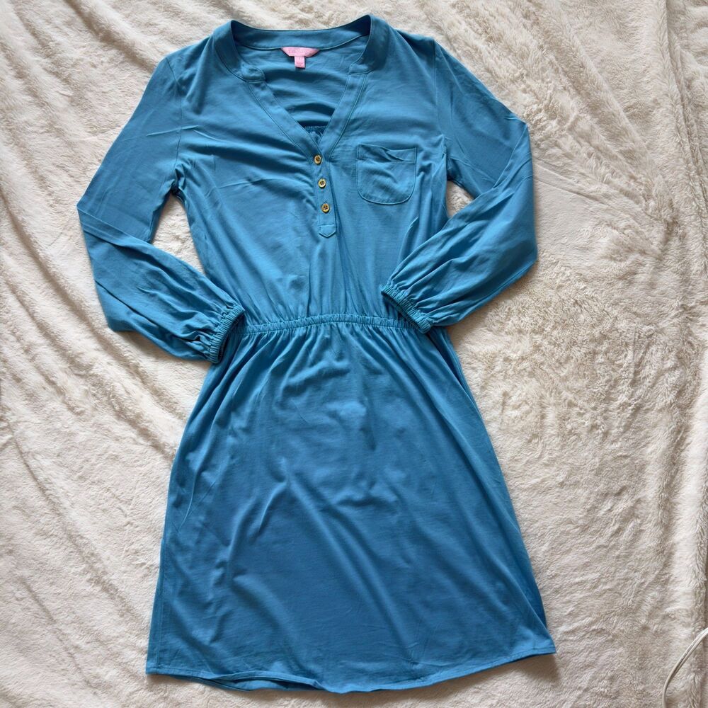 Lilly Pulitzer Teal blue long sleeve gathered waist dress gold toned buttons